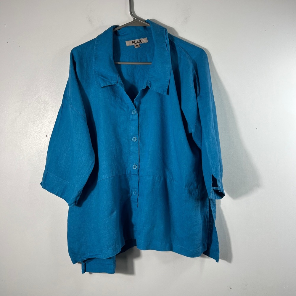 Womens Flax Linen Button Tunic Shirt Turquoise Collar M 1/2 Sleeve
